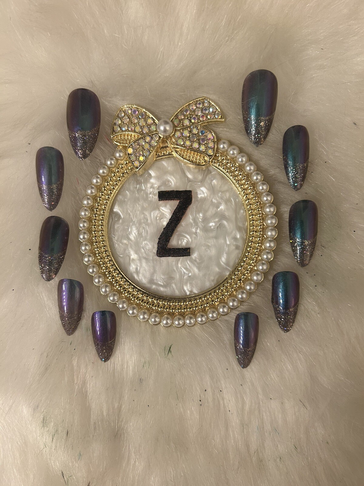 Z NAILZ! Gorgeous Handmade M Almond Green, Purple & Gold Reflective Press Ons