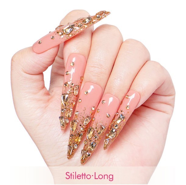 Lovful – Stardust Gold Rhinestone Handmade Stiletto Nails H84 (L) – Stiletto L