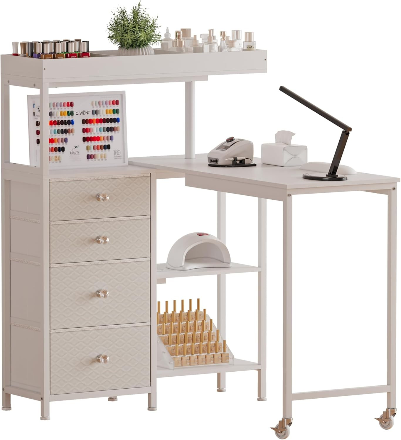 L-Shaped Manicure Table with Drawers and Storage Shelves,Rotating Nail Workstati