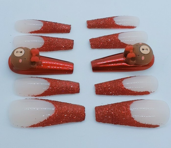 Red French Nails Red Glitter Nails 3D Kawaii Teddy Bear Chrome Nails- Clearance