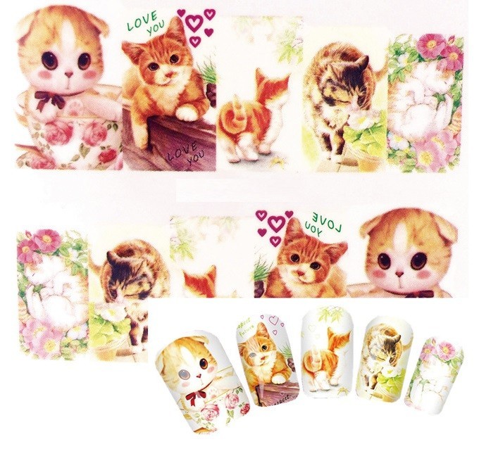 Nail Art Water Decals Spring Cute Kitty Cats Cat Flowers Roses Cats (Group 1)