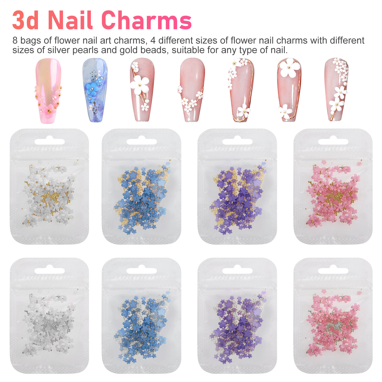 8pcs 3D Acrylic Flower Nail Art Stickers Charms Decals Cute Manicure Decoration