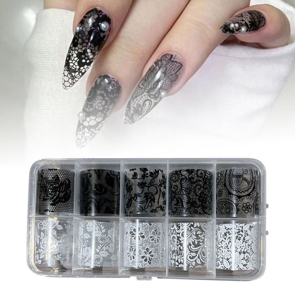 10 Rolls Sexy Lace Nail Foils Black White Transfer Paper Nail Art Stickers AE