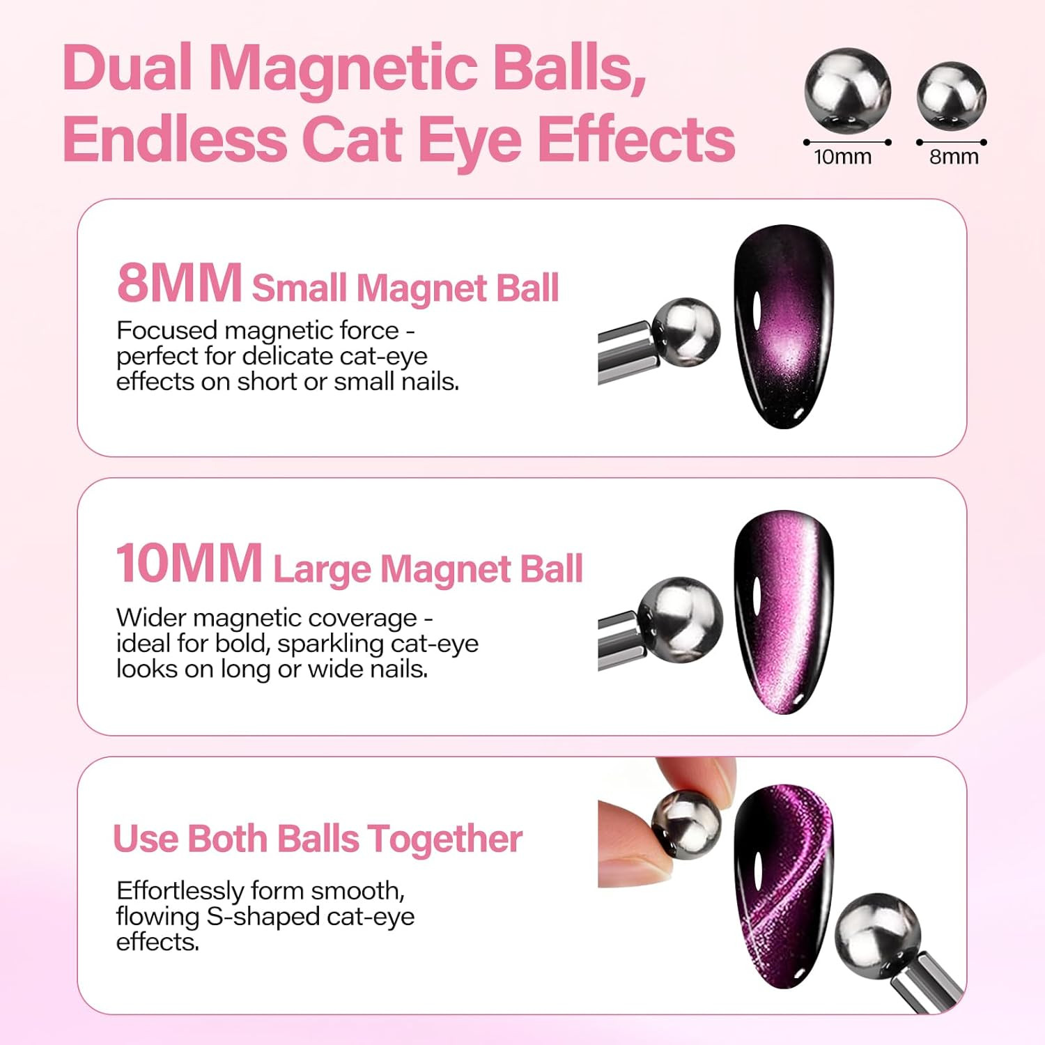 EBANKU 3-In-1 Cat Eye Magnet Nail Art Tool, Double-Head Cylindrical & round Ball