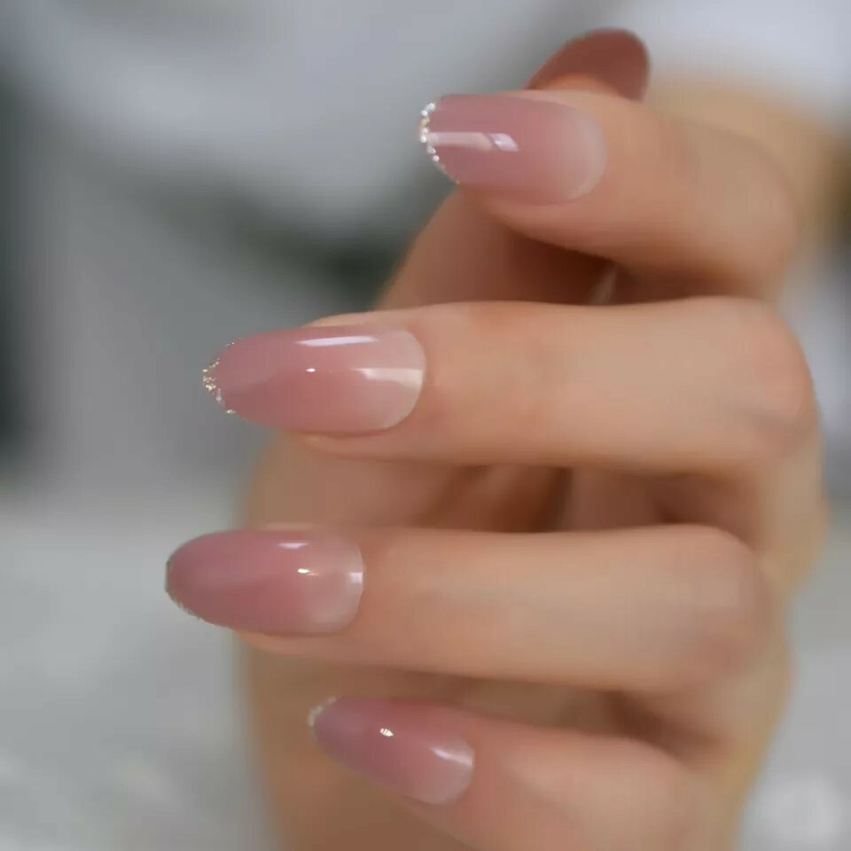 24 Ombre Tan Blush glitter rim Press On Nails oval medium almond nude free stick