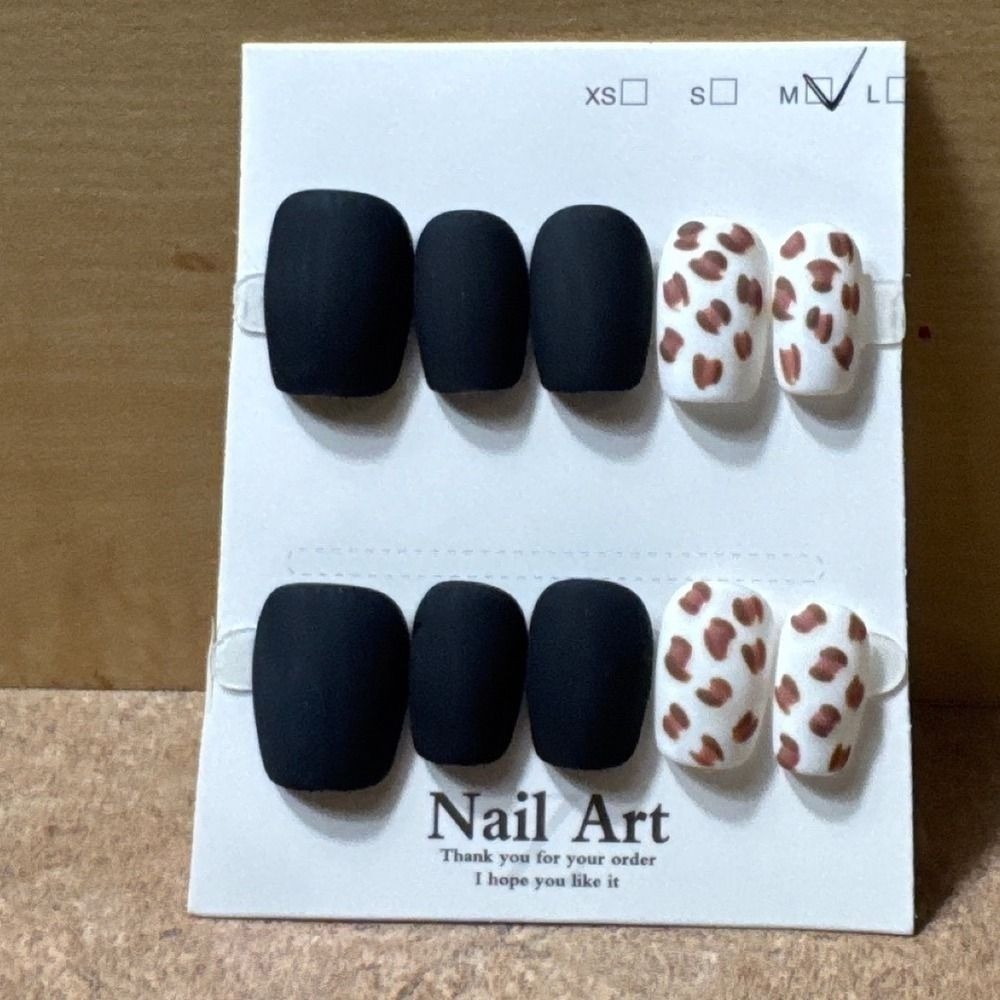 Matte Black and Leopard Print Press On Nails Short Square Size M Nail Art Set