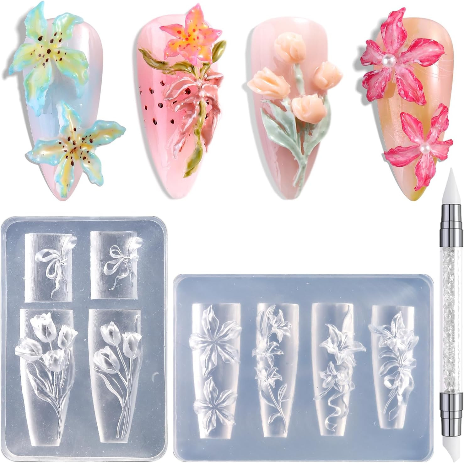 Reusable Silicone Nail Art Molds, 2PCS 3D Flower Design Templates