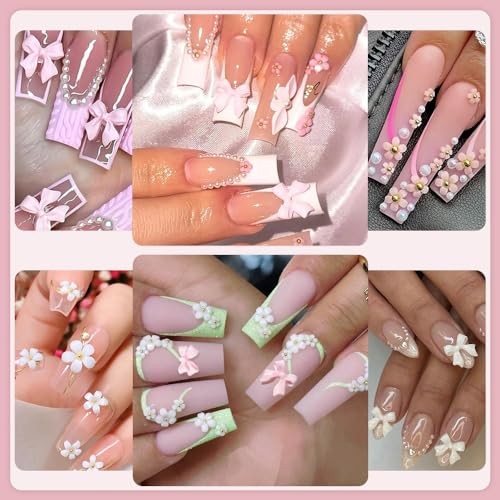 Nail Charms, Flower Bow Manicure Kit, Pink White 3D Cute Flower and Bow Nail