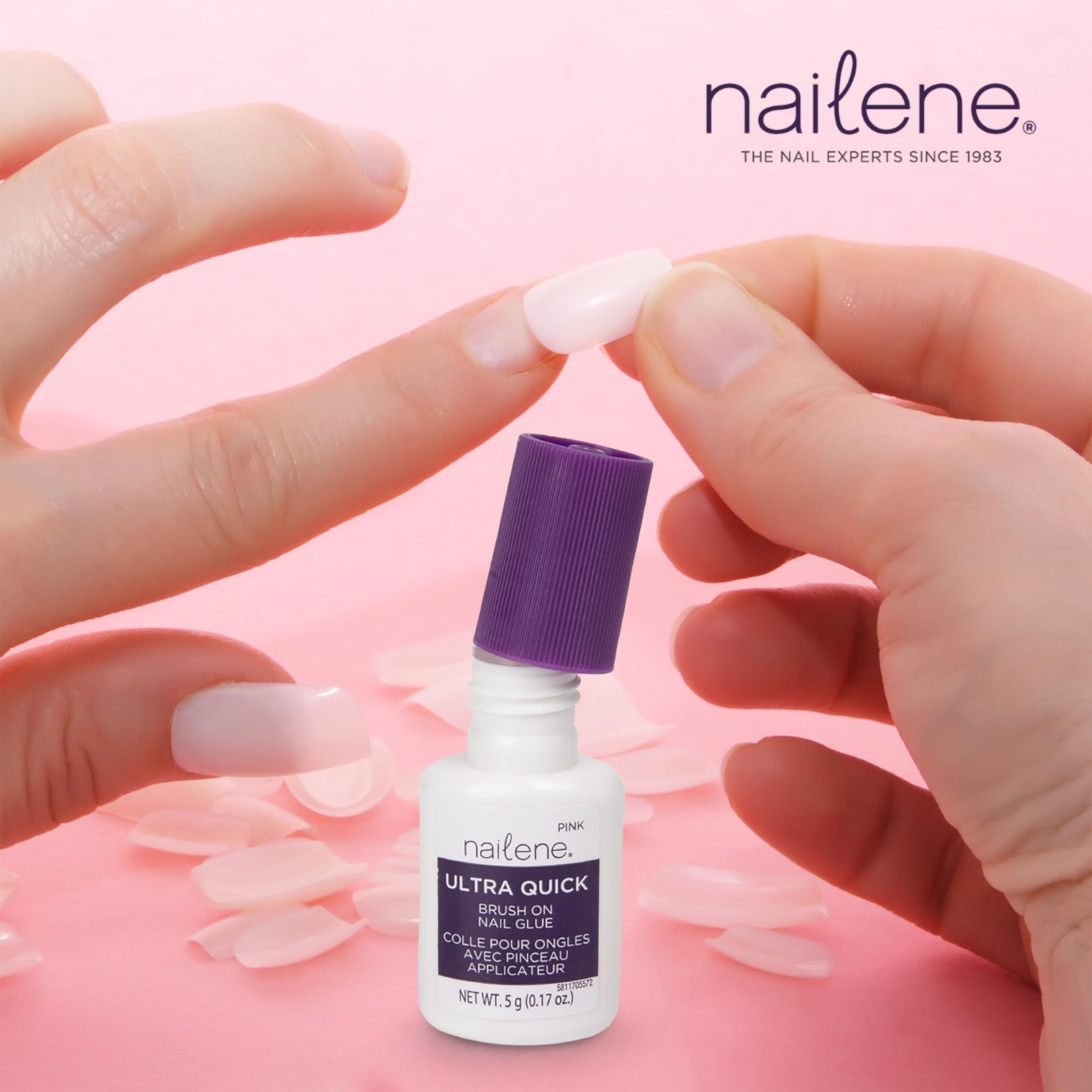 Nailene Pink Brush-On Nail Glue, 0.10 oz – Durable, Easy to Apply False Nail