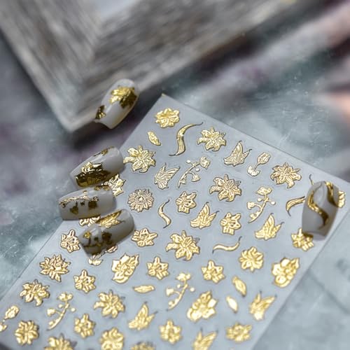 1Pcs Gold Nail Art Stickers 5D Metallic Floral Leaf Nails Fall Nails Stickers-4