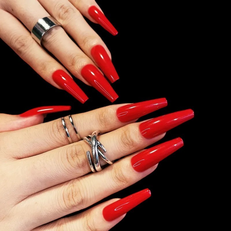 24pcs Vibrant Red Long Square Glossy Full Cover Coffin Shaped Press On Nails.