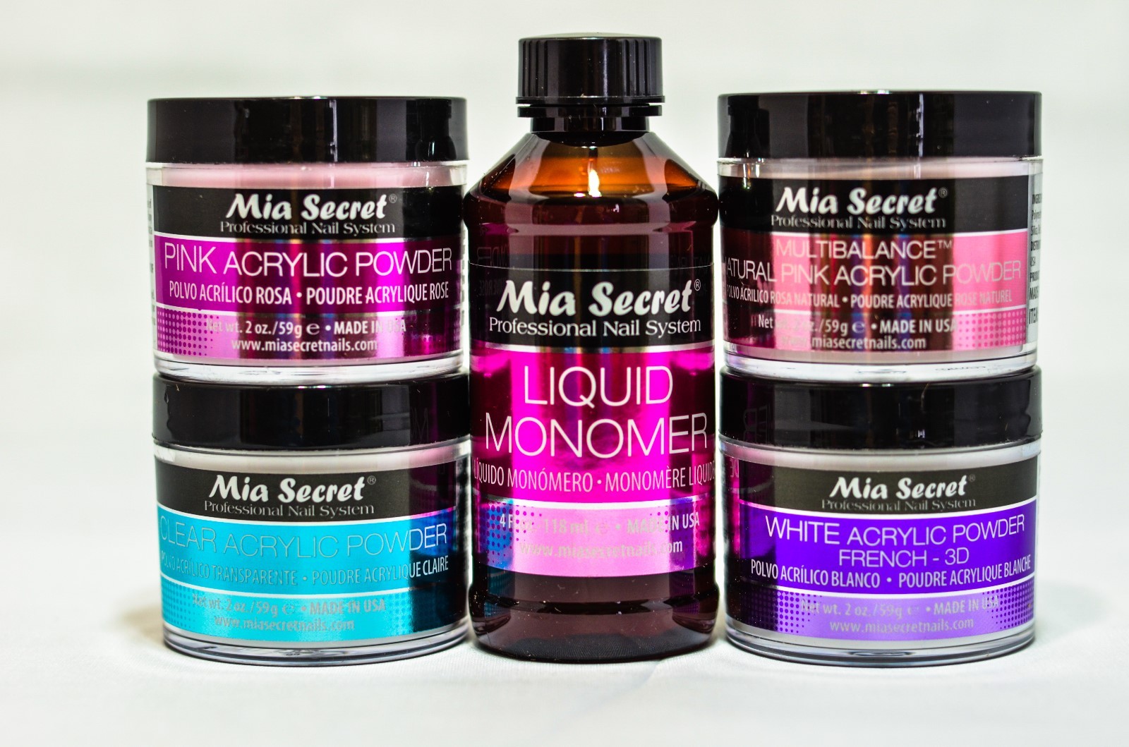 MIA SECRET LIQUID MONOMER 4oz& 2/4 (2oz)ACRYLIC PWDER (Pink,Multi, White&Clear)