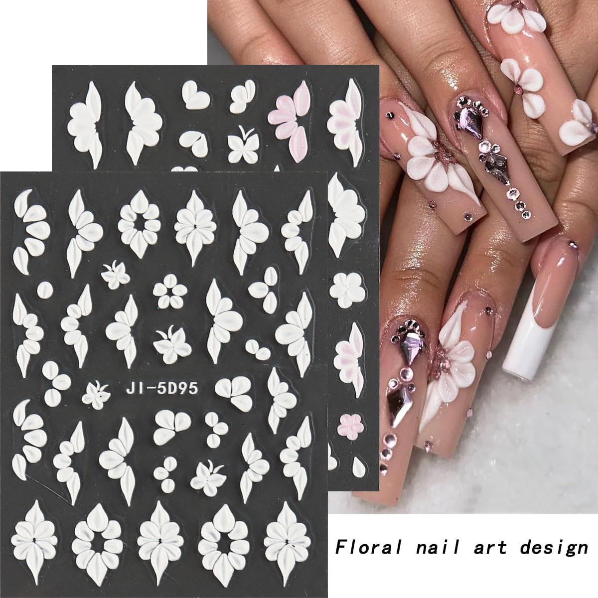 5D Embossed Flowers Nail Art Stickers, 5PCS Self-Adhesive Pink White Flower Stic