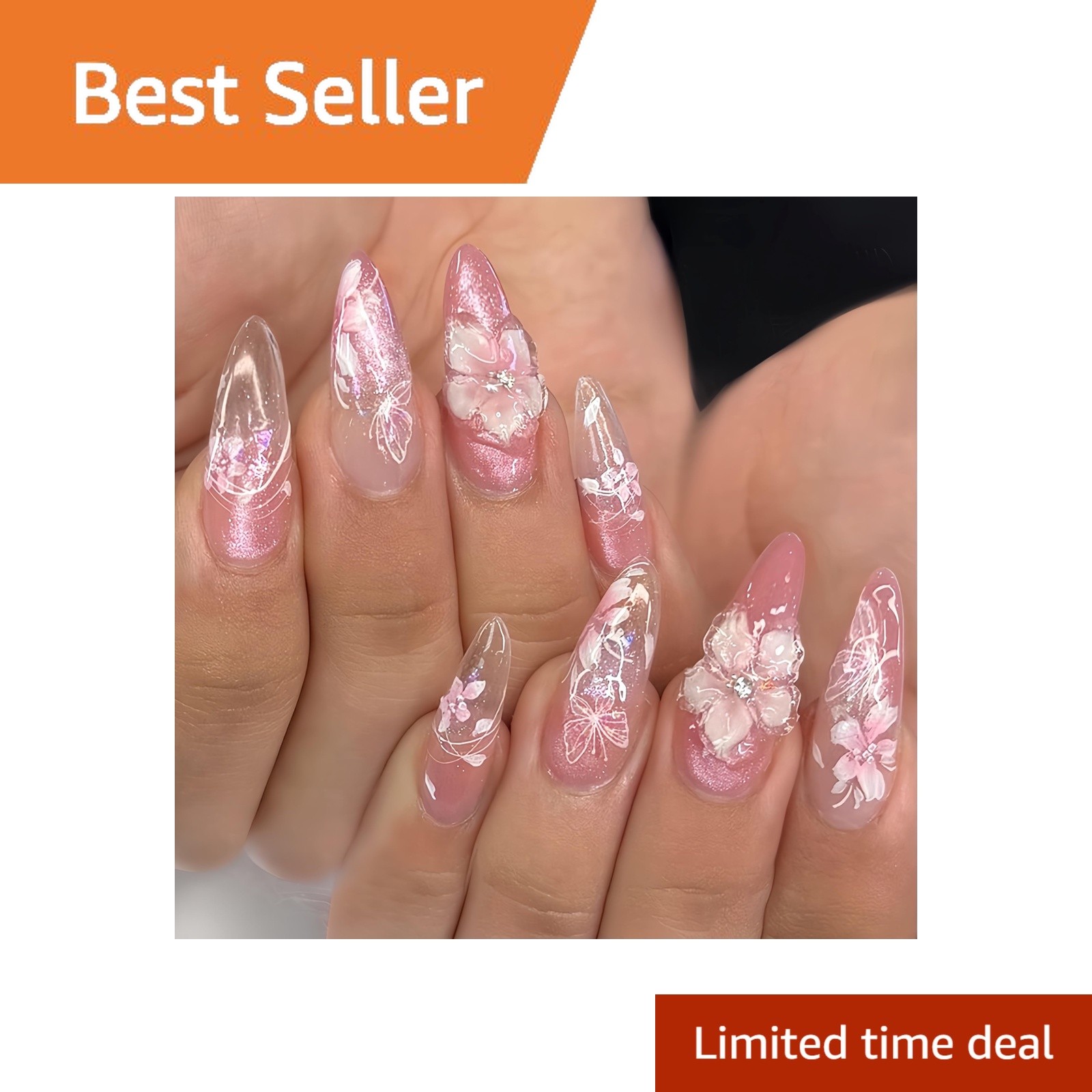 Tephrent Pink Peach Blossom Press on Nails Long Almond