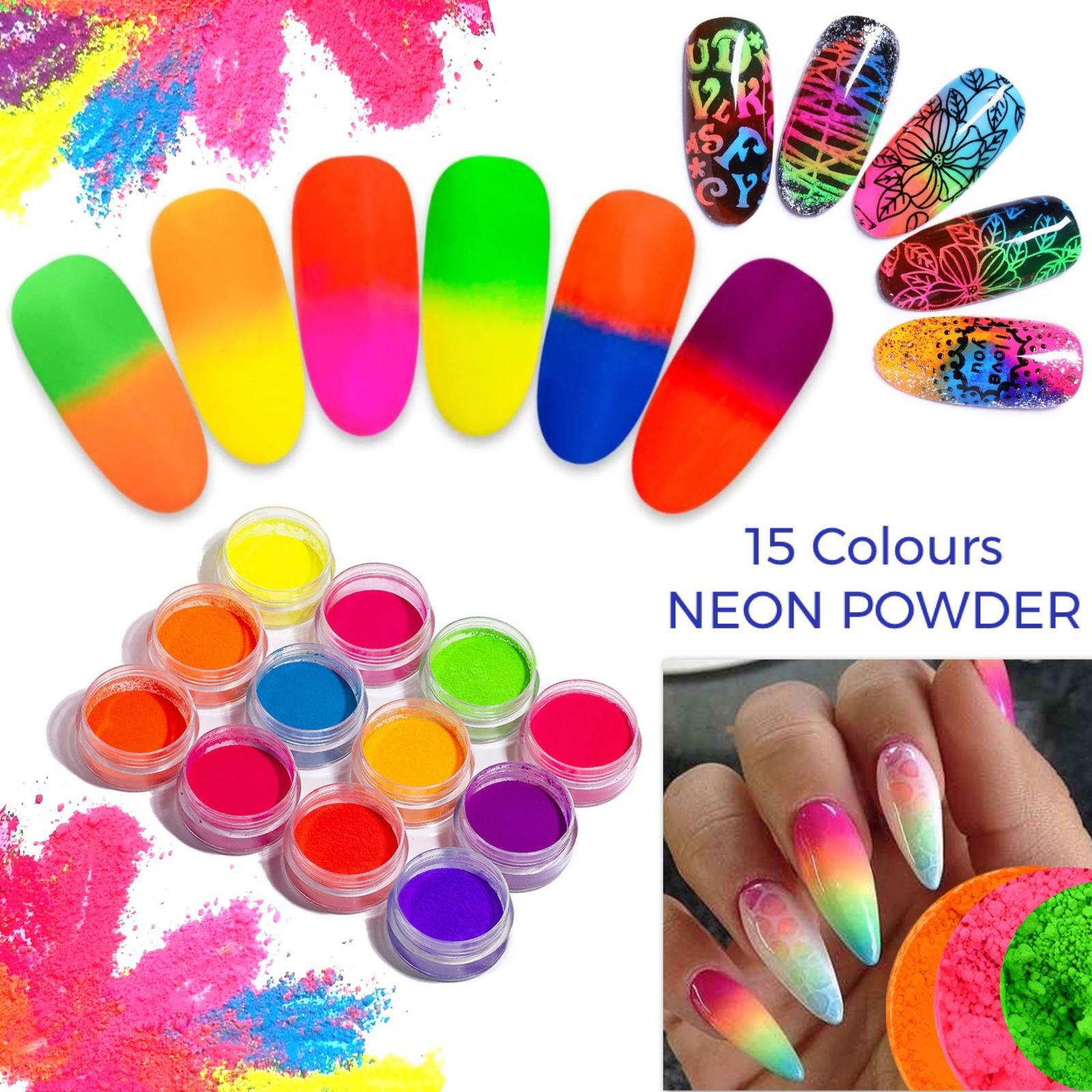 15 COLOURS NEON PIGMENT NAILS POWDER DUST OMBRE PHOSPHOR FLUORESCENT GLOWING UK
