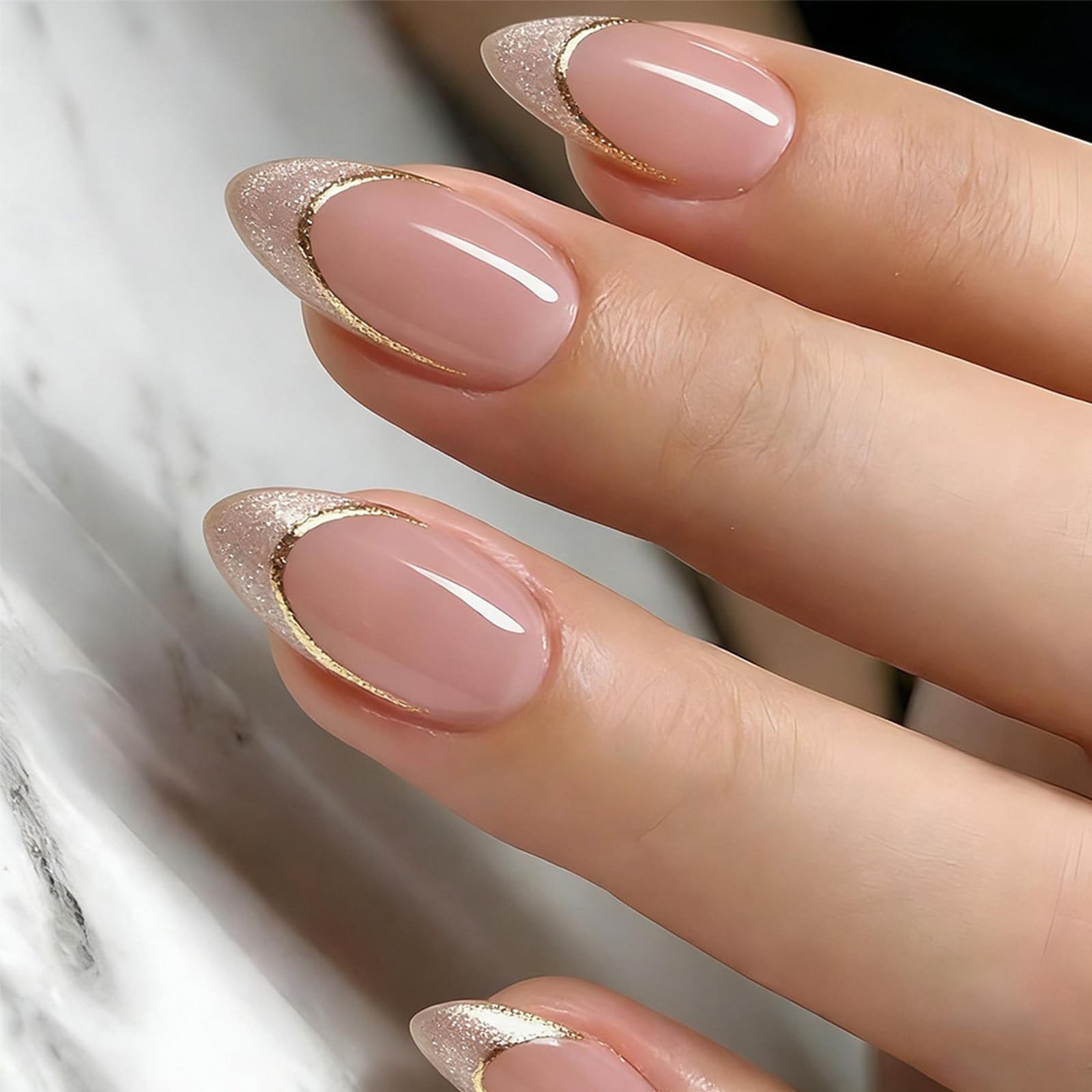 Nude Pink Press on Nails Medium Almond Fake Nails Glitter Gradient French Tip…