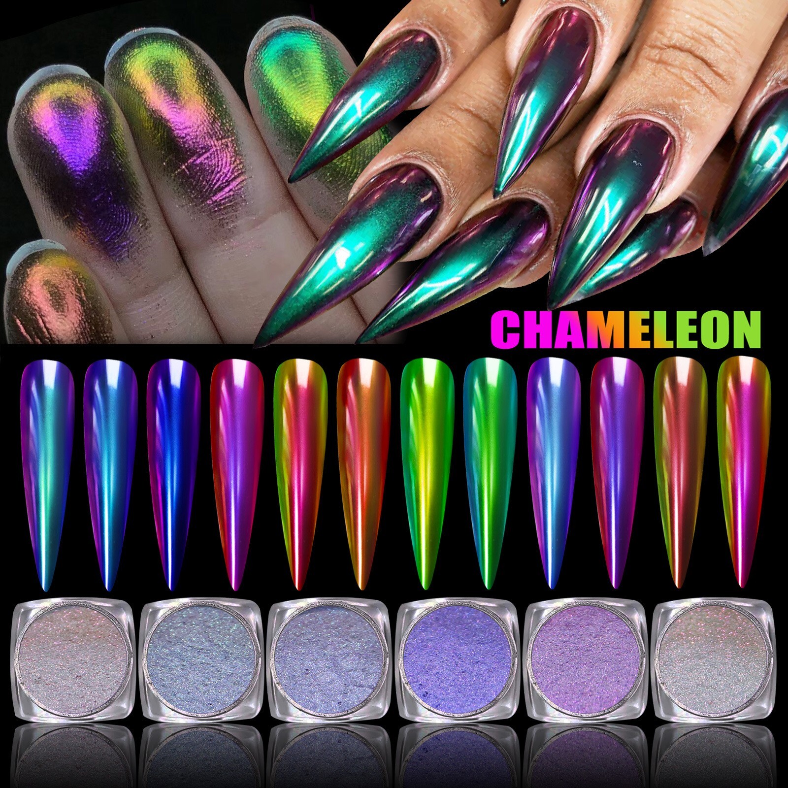 12 Jars Magic Mirror Nail Art Powder Chameleon Laser Nail Glitter for False Tips