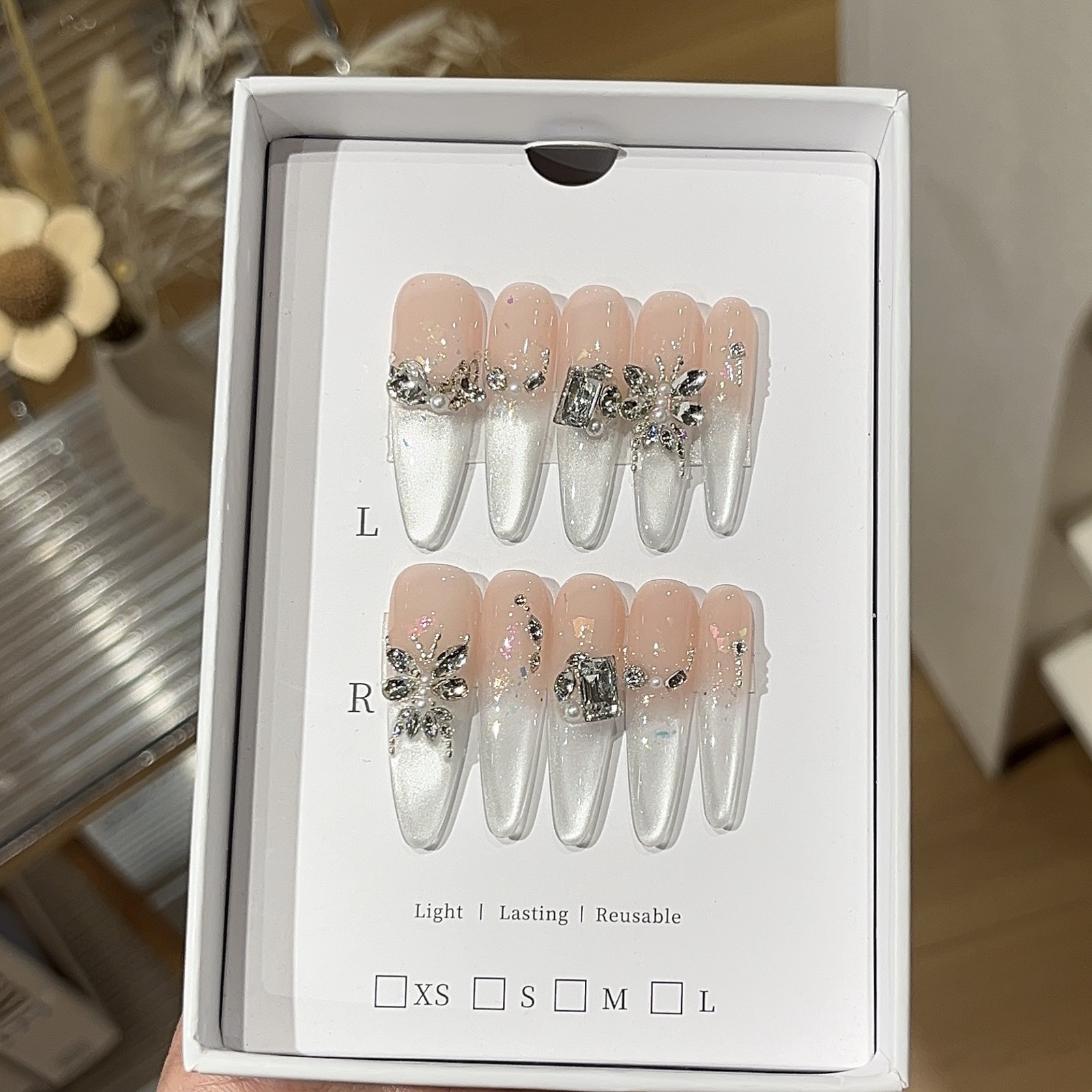 10Pcs Handmade Opal Cat Eye Press On Nails K9 Rhinestone Elegant Daily Wear