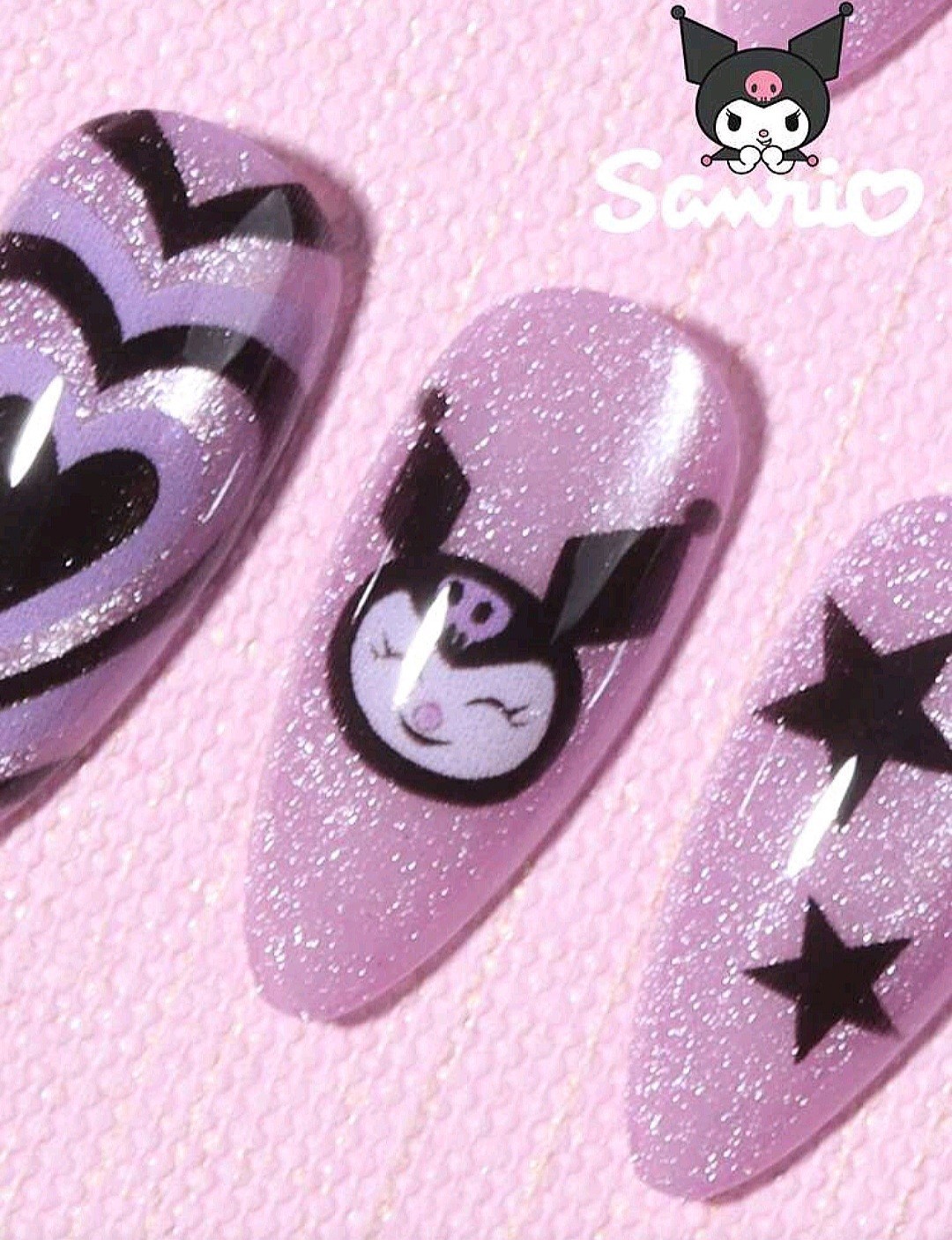Press-On Nails SANRIO Black Pink/Lavender Silver Kuromi Medium/Long Glitter