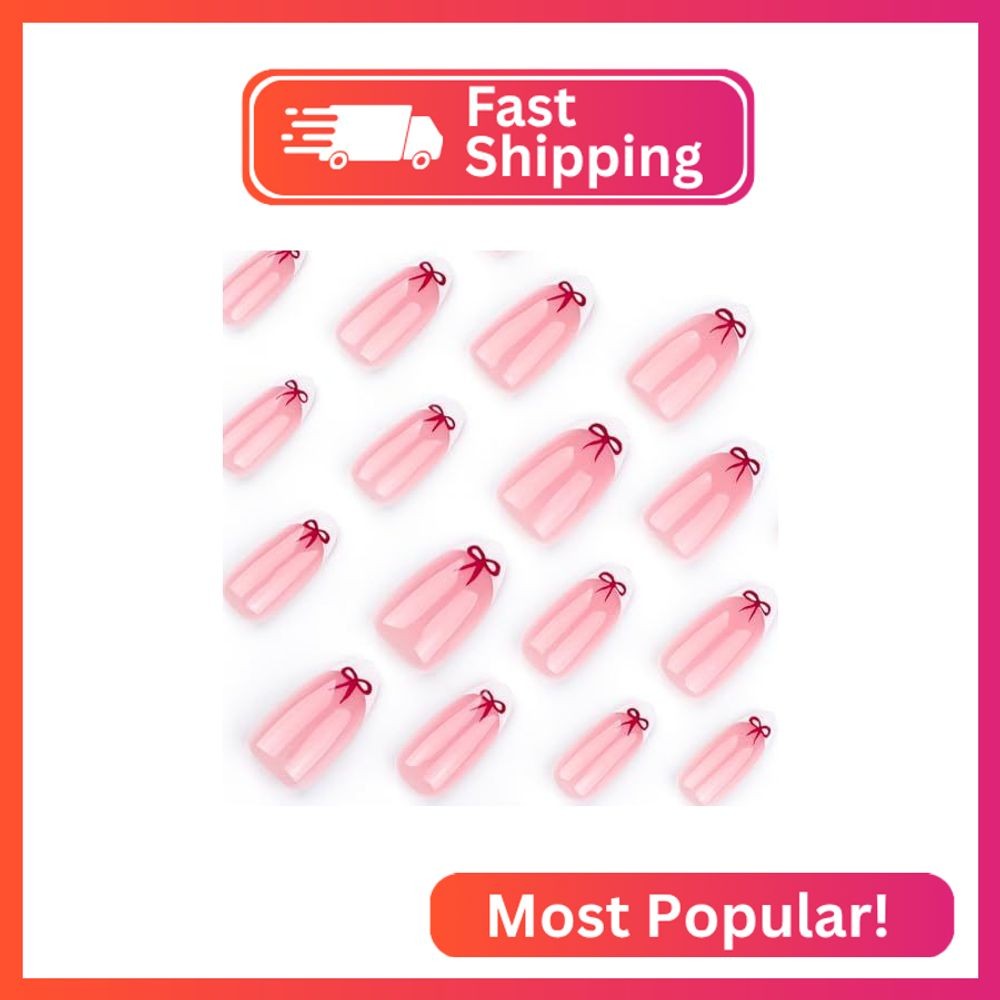 Almond Valentines Press on Nails White French Tip Fake Nails with Red Bow-knot D