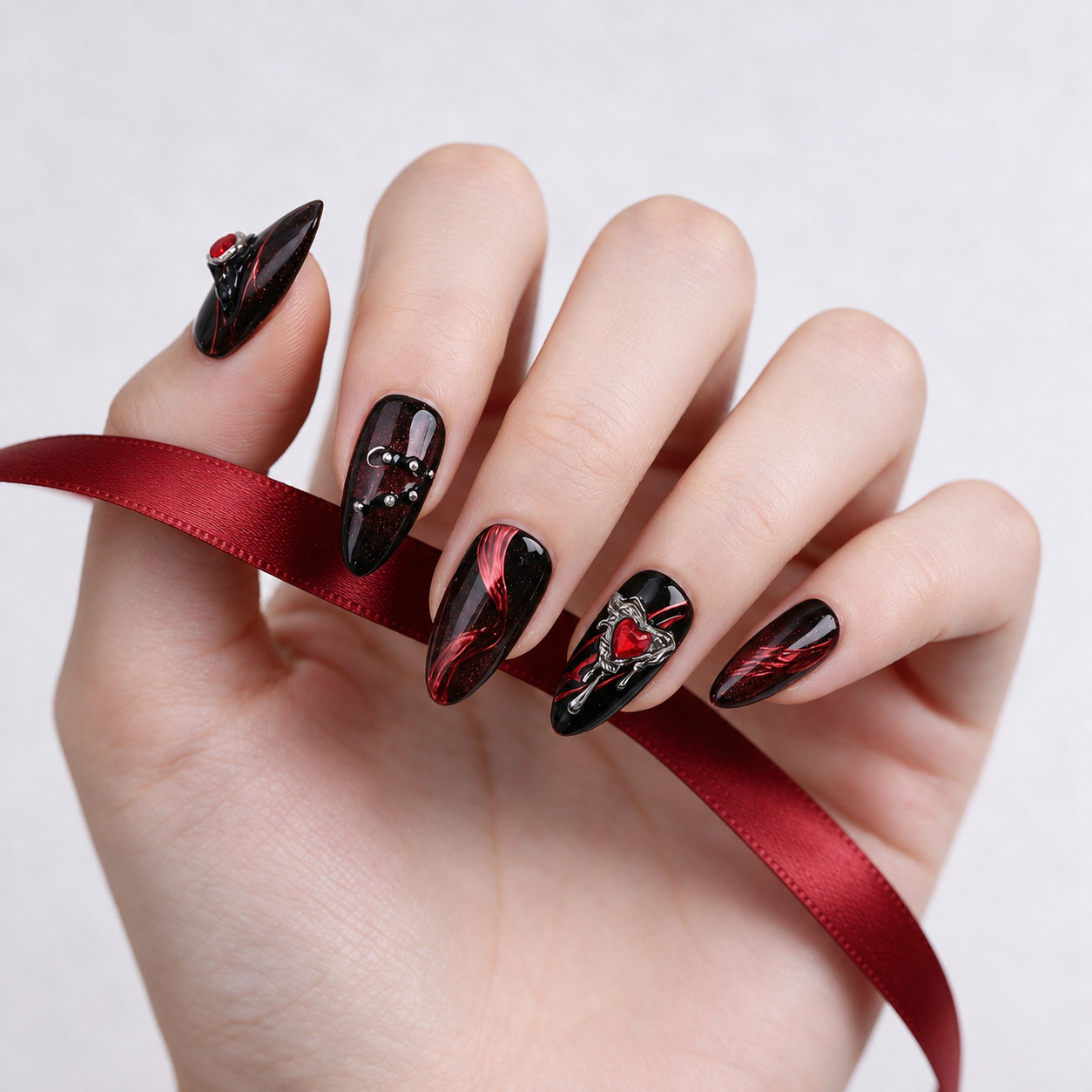 Press On Nails Medium Almond Black Red Cat Eye Rhinestone Gothic Halloween Nails