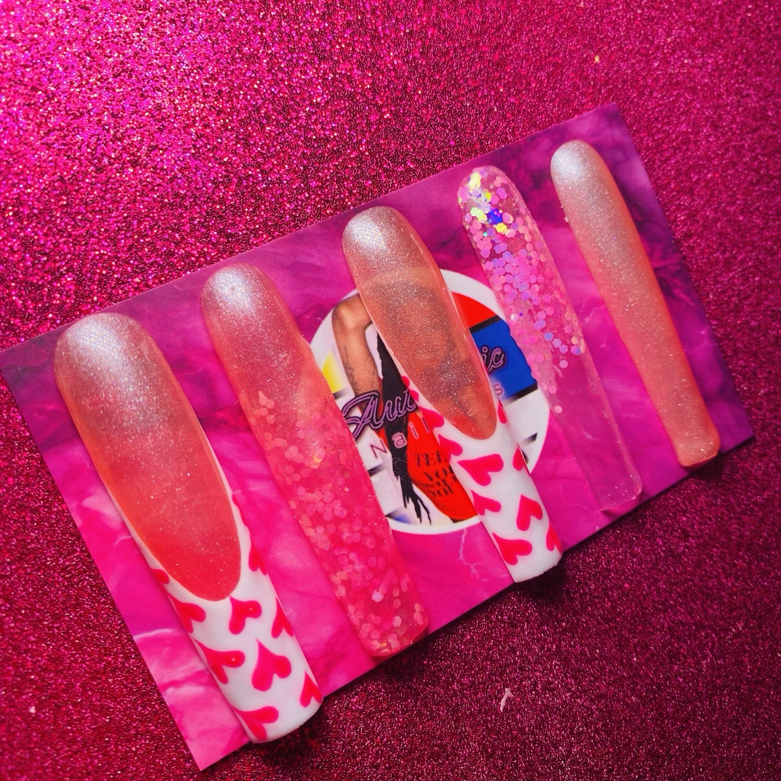 Authentic Nail Arts by Dia Square Press-On Nails Long Pink Hearts Glitter