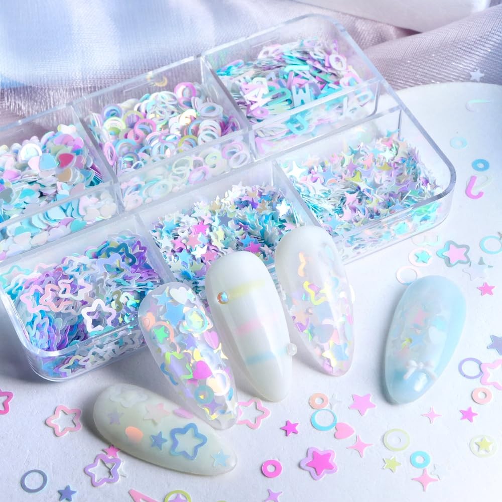 6 Grids Holographic Heart Star Circle Nail Art Sequins Glitter for Nails Nail…