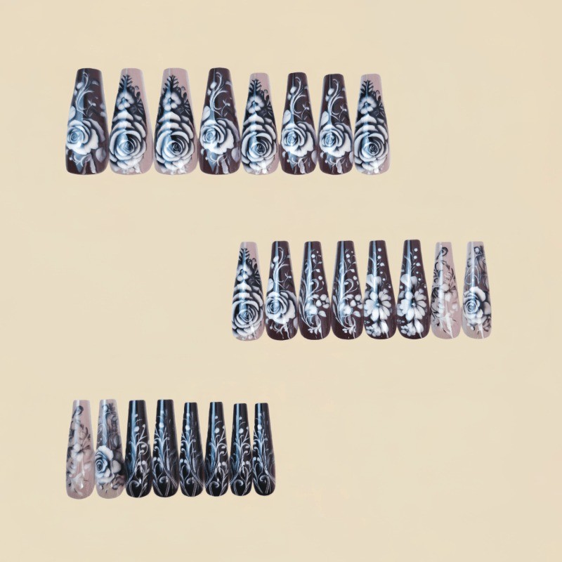 48 Pieces of Black Gray Embossed Floral Fake Nails – Removable Fake Nail Art
