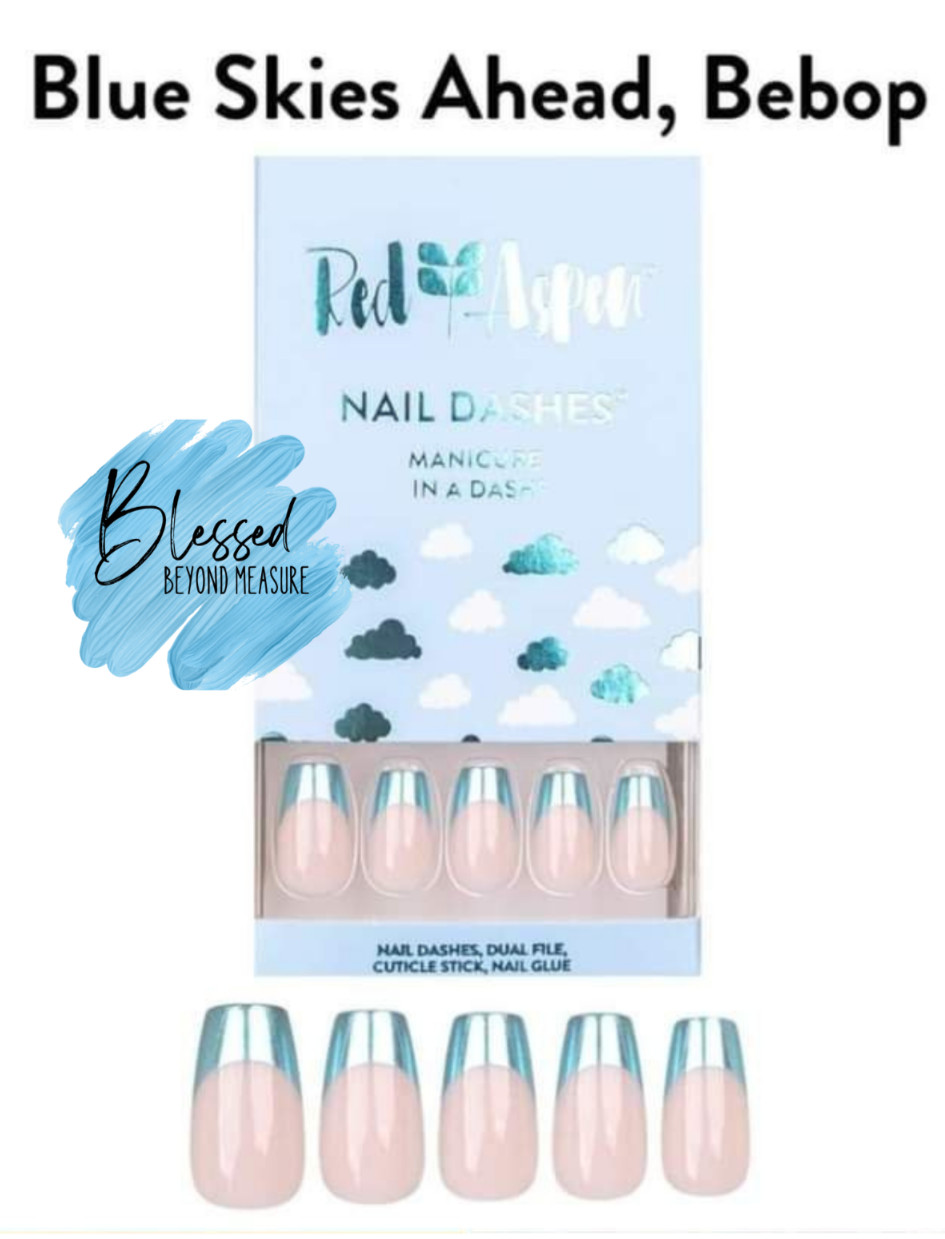 Red Aspen Press On Nails~Blue Skies Ahead, Bebop Medium Coffin Chrome French
