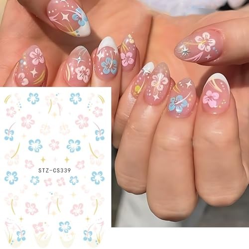 5pcs Flower Nail Stickers With Tweezers, Mini Jasmine Rose Hibiscus Wildflower