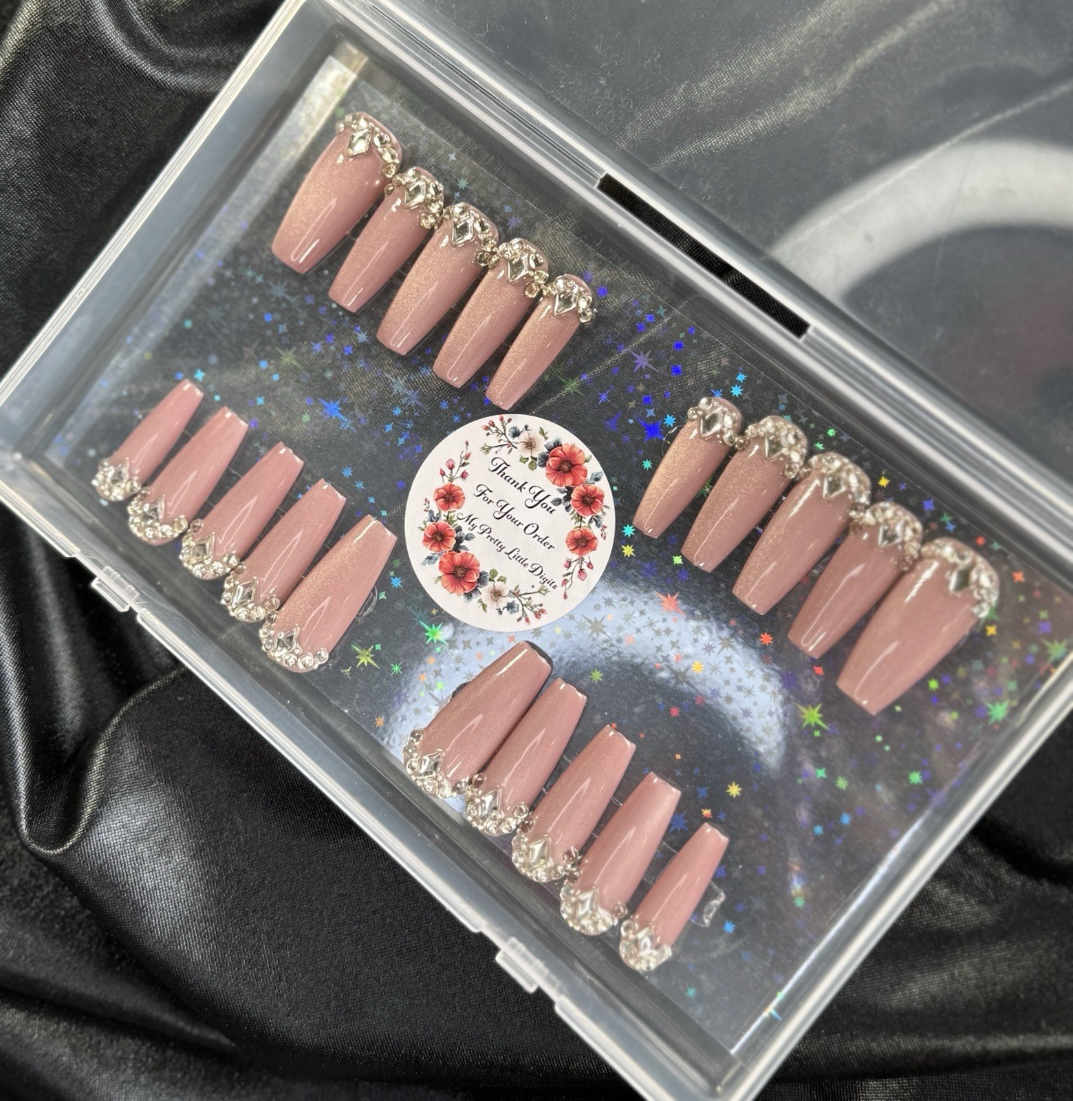 Handmade Press On Nails, Mauve With Diamond Setting In XL~Includes Free Gifts💝