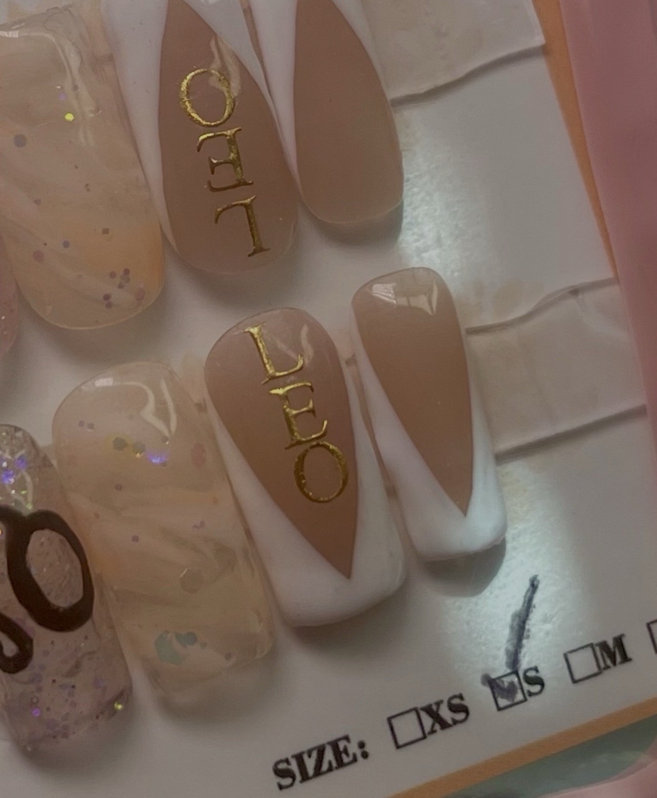 Nail Art Square Press-On Nails Beige White French Glitter Full Cover Short Set
