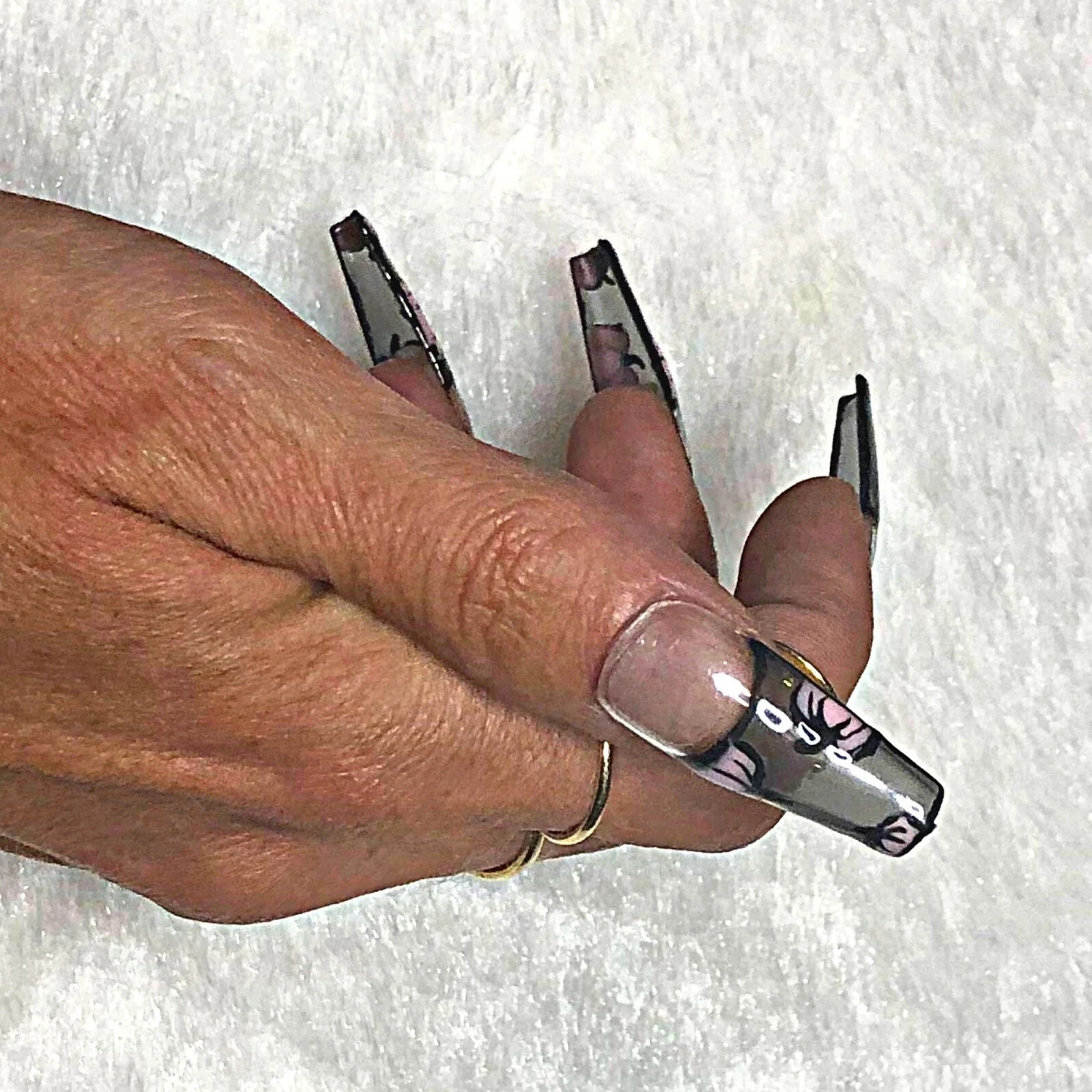 Pink pumpkins on sheer black- Press on nail set- Size 0-8, Ex-long Ballerina