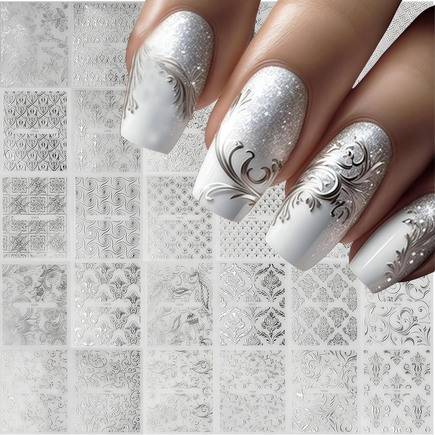 30 Silver lace Nail Stickers for Flower Nail Art 3D -Adhesive Nail Decals Sil…