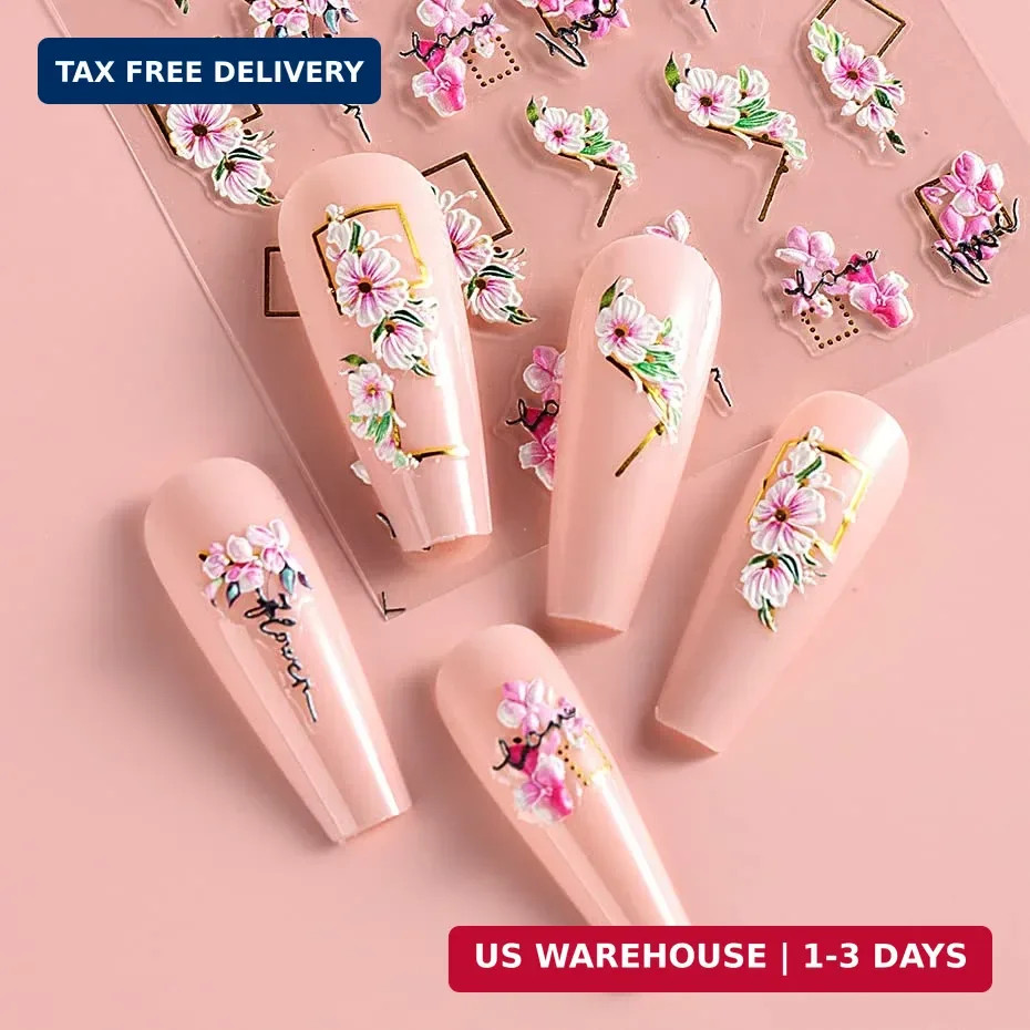 3D Embossed Flower Leaves Nail Art Stickers Decals 4 Sheets 5D Self-Adhesive Peg