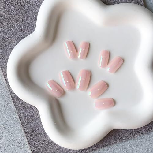 Chrome Square Press on Nails Short Medium, Metallic Fake Nails Coconut Pink