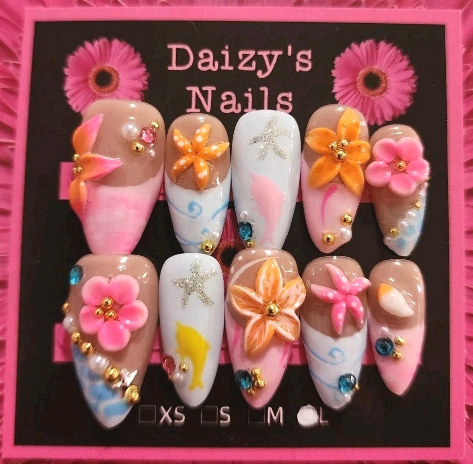 Large Size Tropical Beach 3D Press-on Nail Set Handmade Almond 2.5 Cm Length