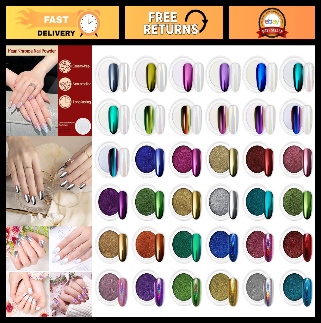 36 Jars Chrome Nail Powder Kit – White Pearl, Silver Metallic, Holographic Dip f