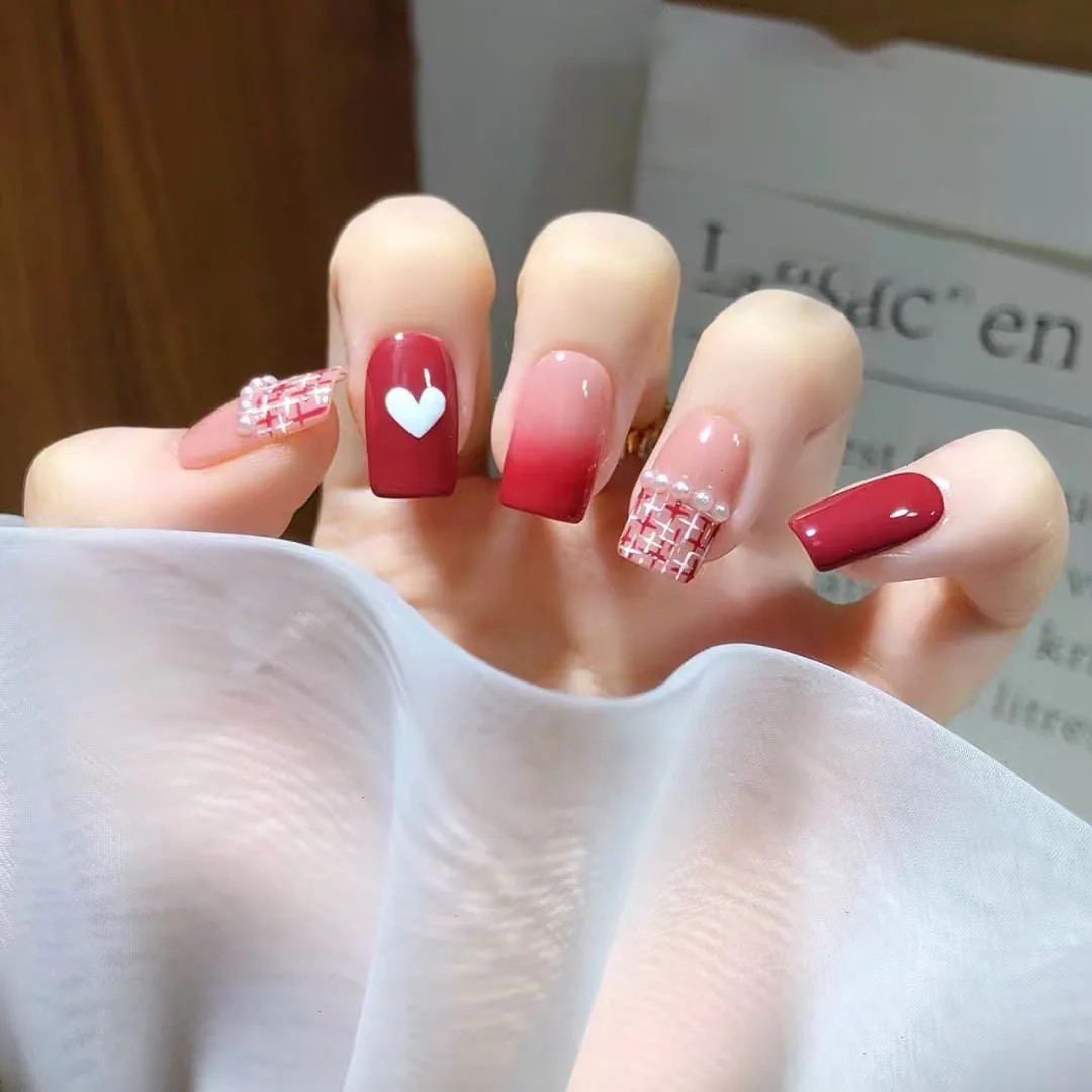 24pcs 3D Bow Pearl Cherry French Press On Nails
