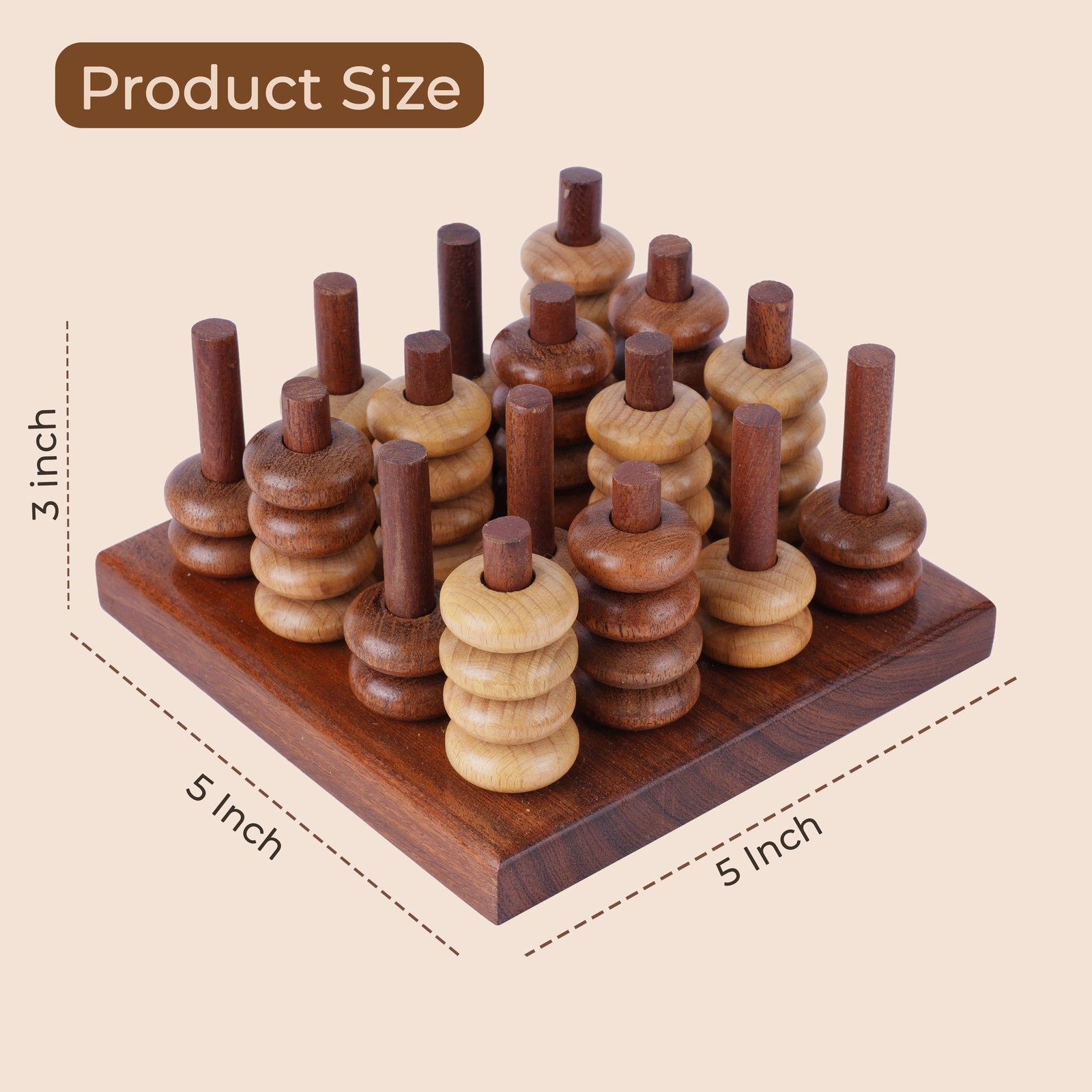 Ajuny 3D Connect Four in a Row Wooden Strategy Game 6 x 6 x 3.5 inch, Brown