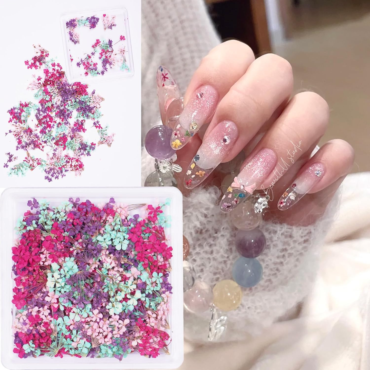 3D Dried Flowers for Nails, Spring Flower Nail Art Stickers 1Box Dried Flowers f