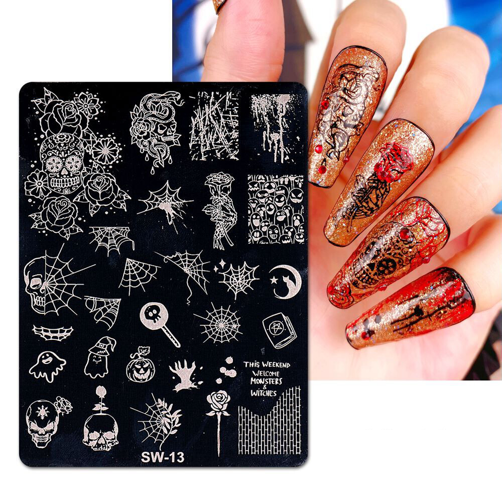 Halloween Skull Nail Art Stamping Plates Spider Web Pumpkin Metal Nail Templates