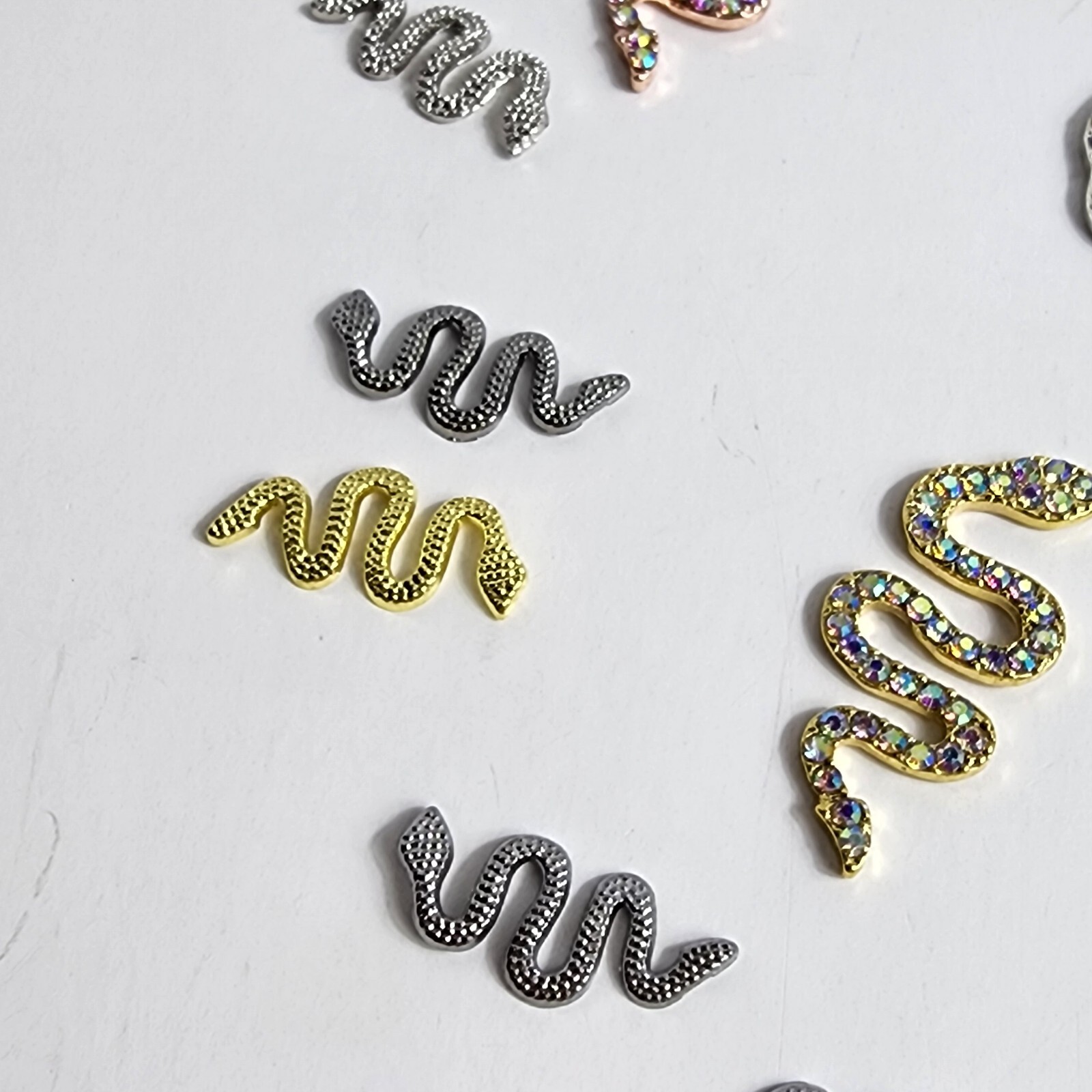 24 3D Metal Snake Nail Art Charms Gold Silver Black Snake Rhinestone Gems Decor
