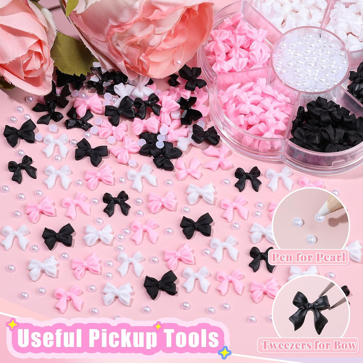 Charms Kit for Nails, 400Pcs Bow and Flatback Pearls Set, 3D Acrylic Rhinestones