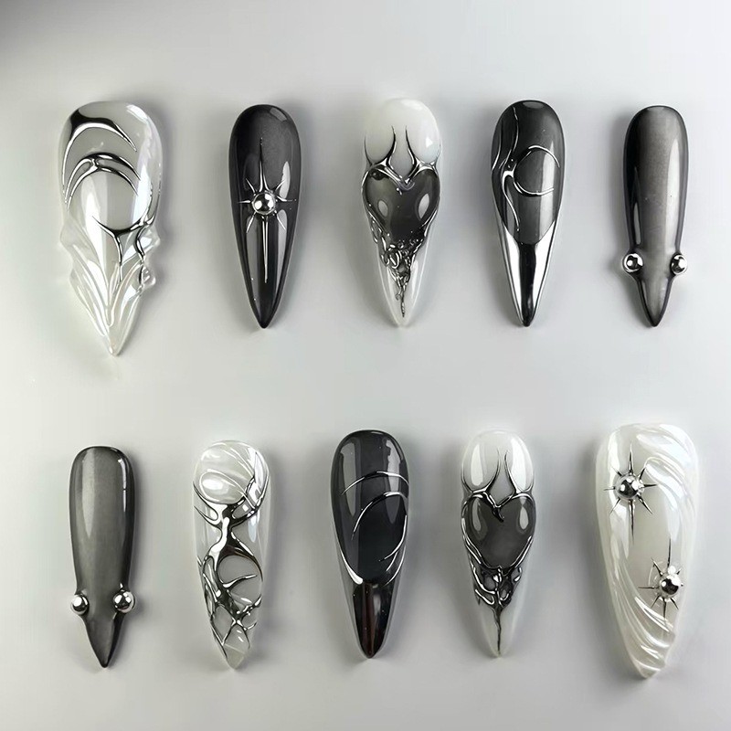 24 Pcs Black False Nails To Stick Acrylic Metal 3D Self-adhesive Press on Nails