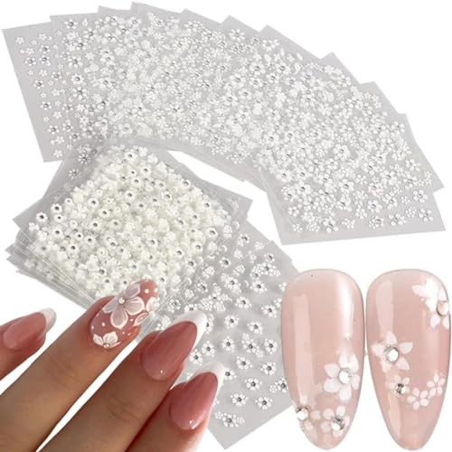 30 Sheets White Rhinestone Flower Nail Art Stickers 3D Self-Adhesive Flower