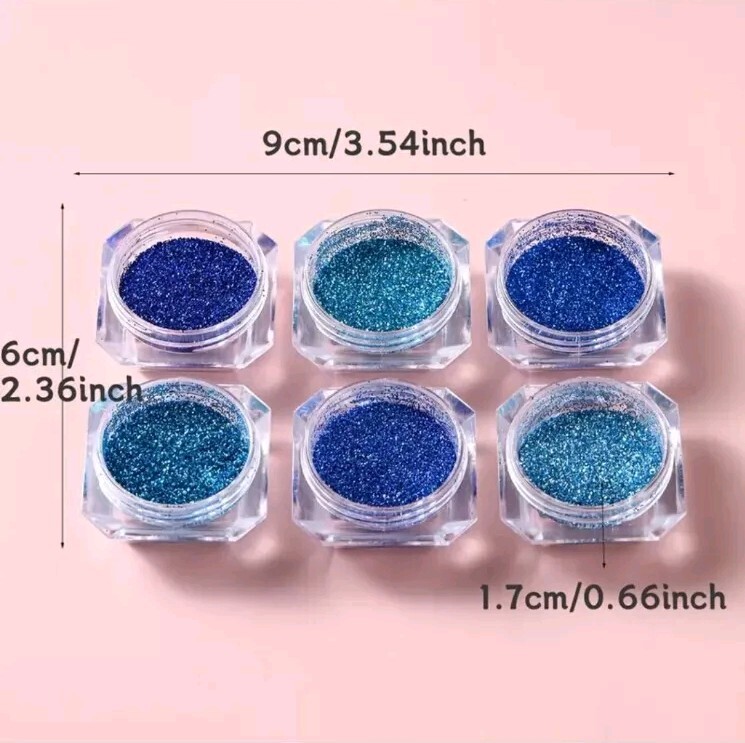 6pcs Cool Blue Ocean Glitter Nail Powder Set – Sparkling Sugar Sequins, Crystal