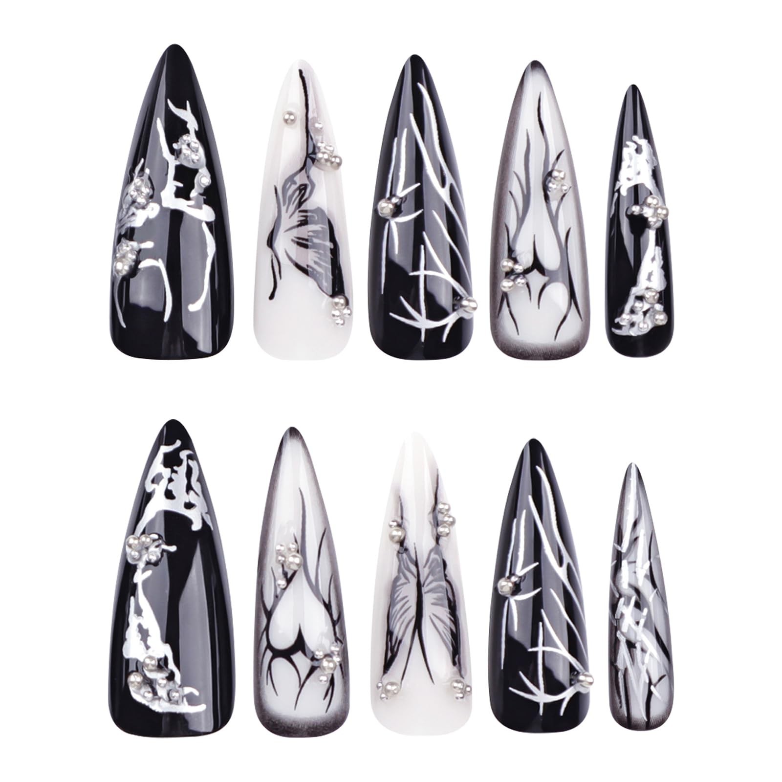 Press on Nails – Long Stiletto Glue on Nails with Goth Black, Acrylic Gothic …