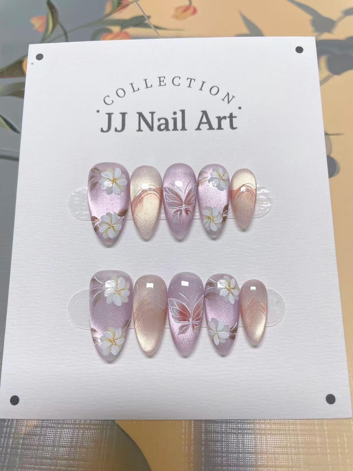 Handmade Pink Cat Eye White Flower Butterfly Medium Almond Press on Nails Set