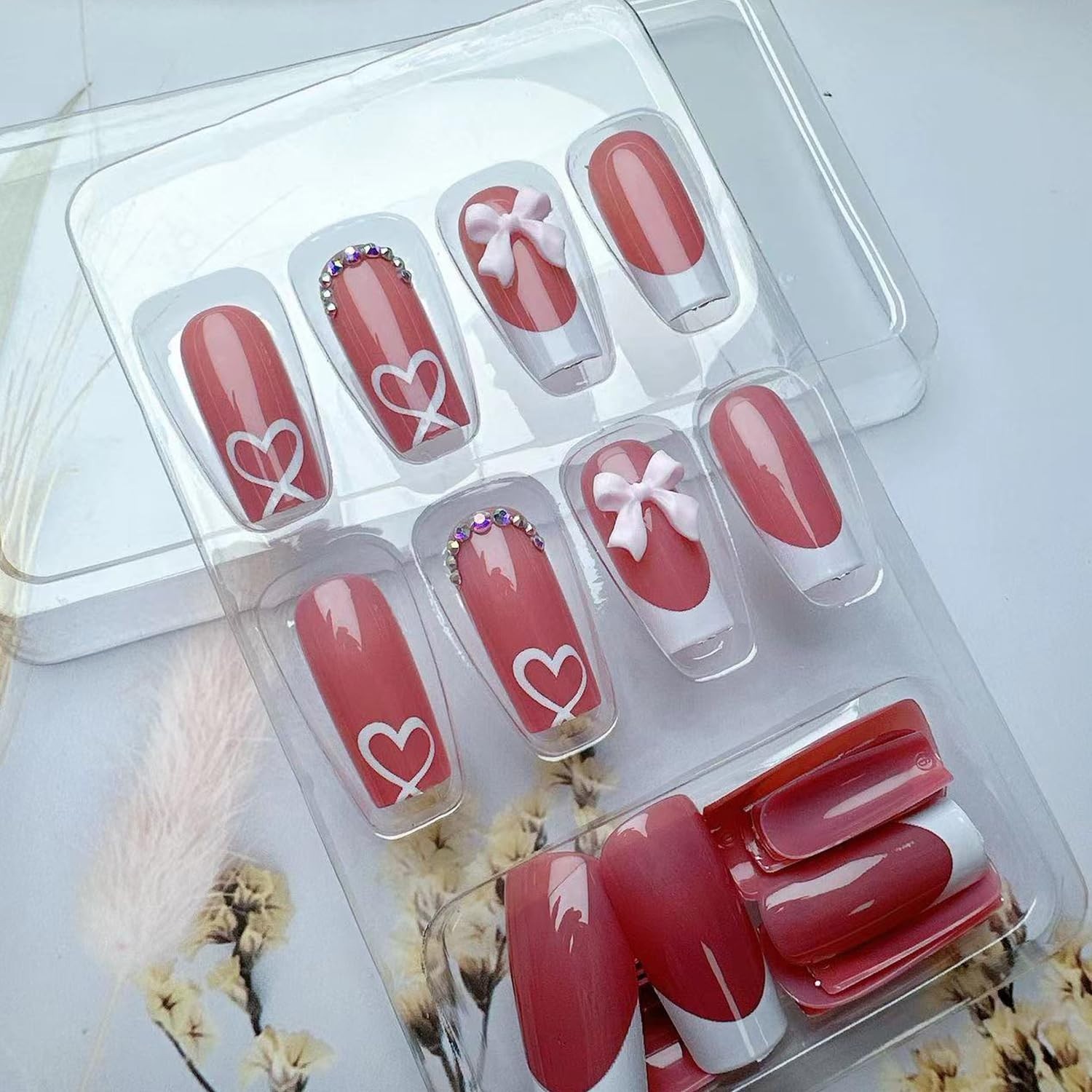 French Tip Press on Nails with Charms, Medium, Cute Bow, Long Square Shape, A…